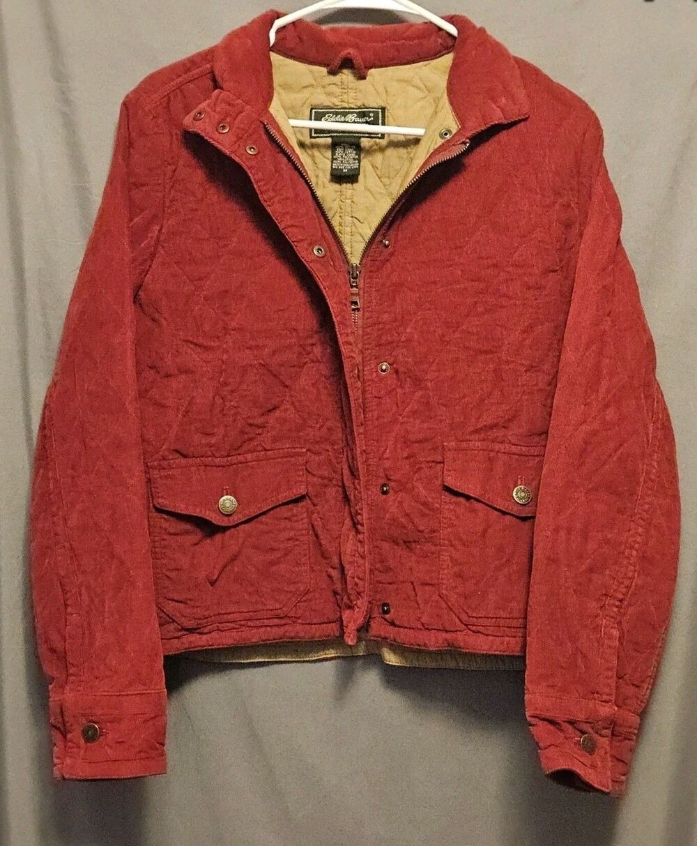 Eddie Bauer Womens Medium Red Corduroy Jacket Quilted Lined Insulated Coat